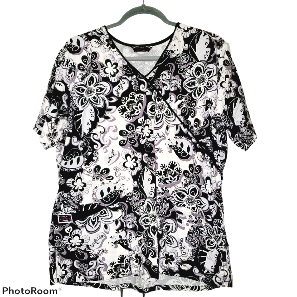 Sierra Short Sleeve V-Neck Black & White Drawstring Cinch Floral Scrub Top 494